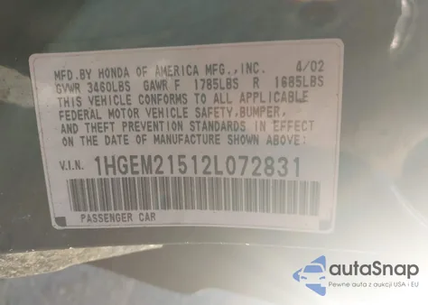 2002 Honda Civic Lx from USA, damaged, VIN 1HGEM21512L072831